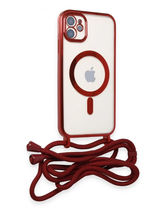 Newface iPhone 11 Kılıf Divo Lazer Askılı Magsafe Kapak - Kırmızı