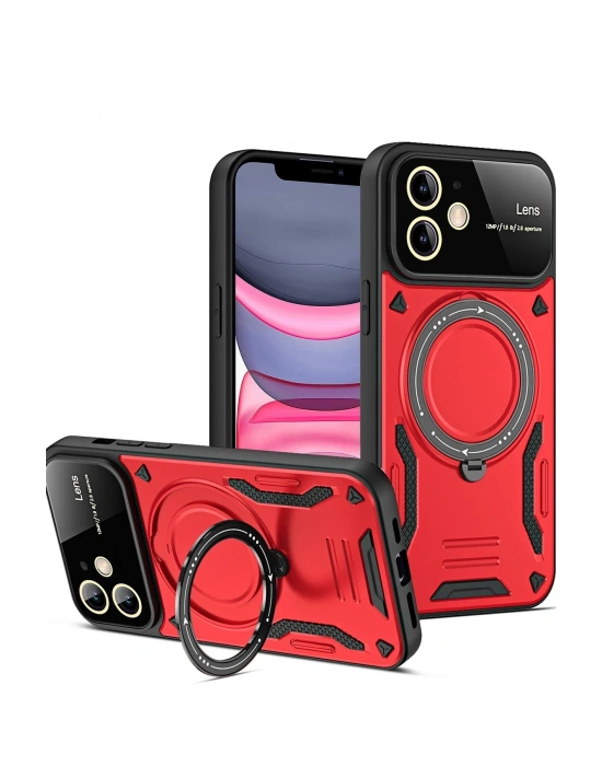 Newface iPhone 11 Kılıf Joy Lens Standlı Kapak - Kırmızı