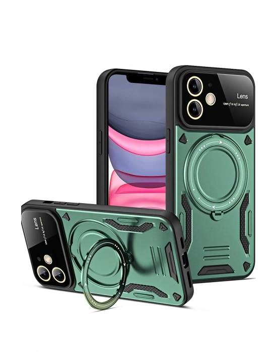 Newface iPhone 11 Kılıf Joy Lens Standlı Kapak - Koyu Yeşil