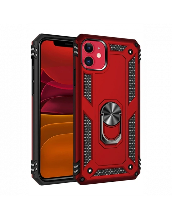 Newface iPhone 11 Kılıf Sofya Yüzüklü Silikon Kapak - Kırmızı