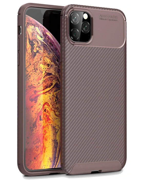 Newface iPhone 11 Pro Max Kılıf Auto Focus Karbon Kapak - Kahverengi
