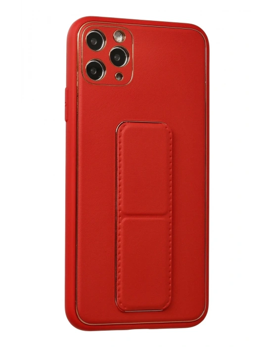 Newface iPhone 11 Pro Max Kılıf Coco Deri Standlı Kapak - Kırmızı