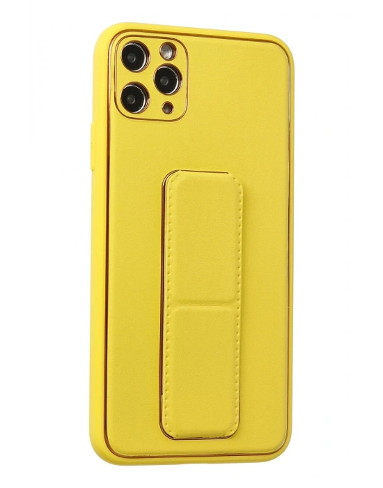 Newface iPhone 11 Pro Max Kılıf Coco Deri Standlı Kapak - Sarı