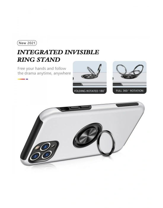 Newface iPhone 11 Pro Max Kılıf Elit Yüzüklü Kapak - Gümüş