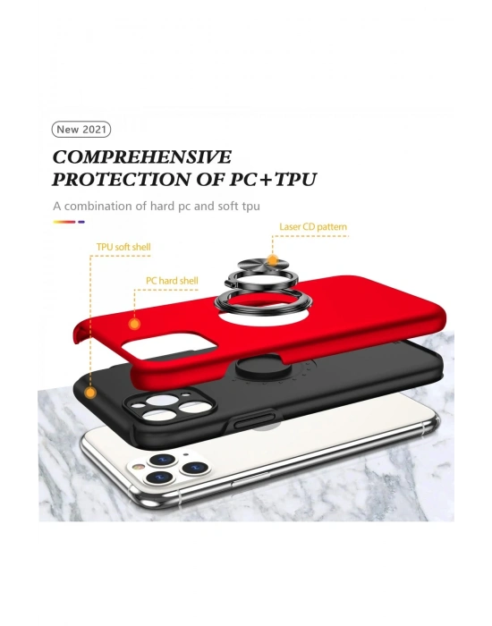 Newface iPhone 11 Pro Max Kılıf Elit Yüzüklü Kapak - Kırmızı