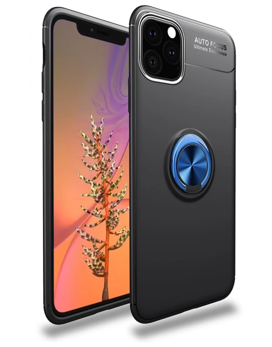 Newface iPhone 11 Pro Max Kılıf Range Yüzüklü Silikon - Siyah-Mavi