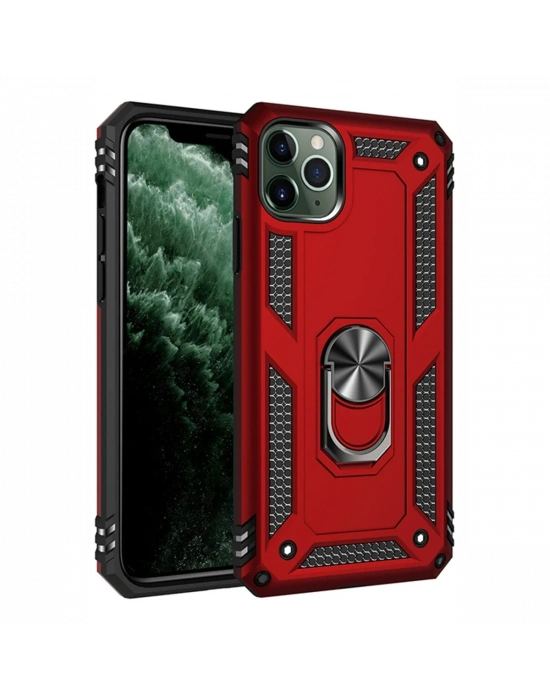 Newface iPhone 11 Pro Max Kılıf Sofya Yüzüklü Silikon Kapak - Kırmızı