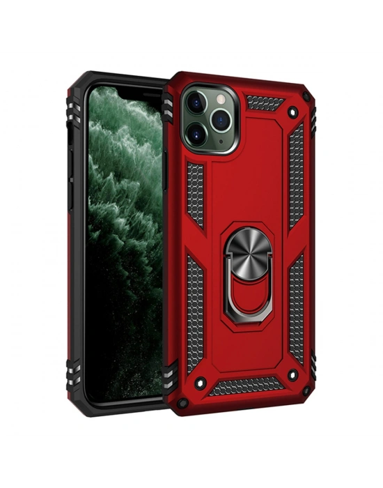 Newface iPhone 11 Pro Max Kılıf Sofya Yüzüklü Silikon Kapak - Kırmızı