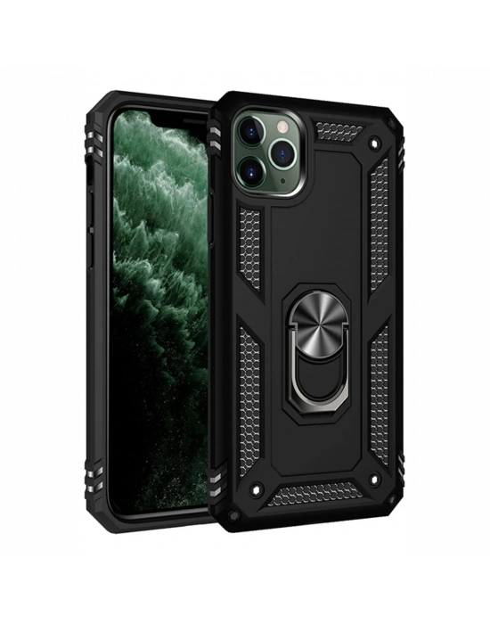 Newface iPhone 11 Pro Max Kılıf Sofya Yüzüklü Silikon Kapak - Siyah