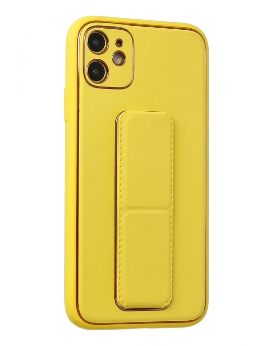 Newface iPhone 12 Kılıf Coco Deri Standlı Kapak - Sarı