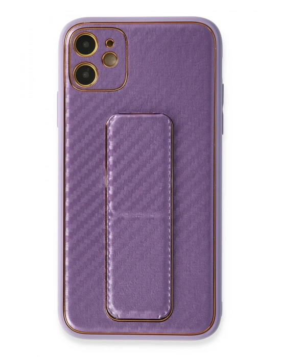 Newface iPhone 12 Kılıf Coco Karbon Standlı Kapak - Mor