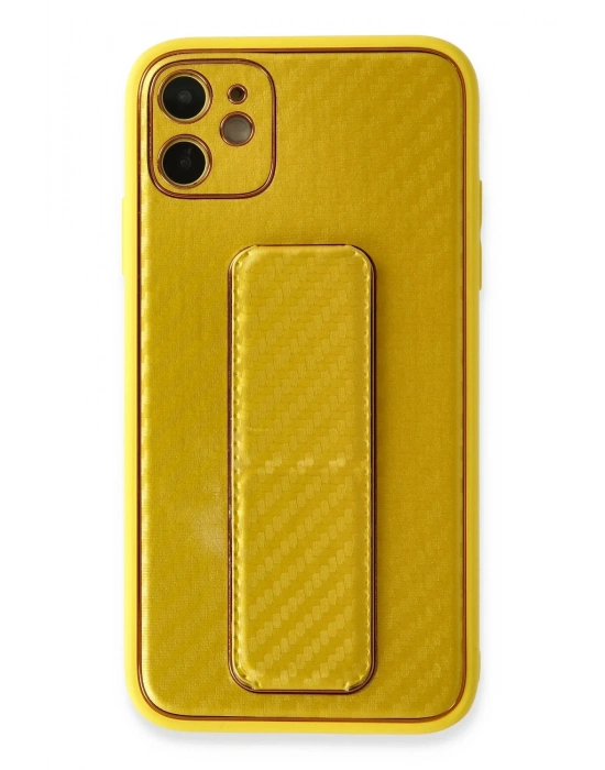 Newface iPhone 12 Kılıf Coco Karbon Standlı Kapak - Sarı