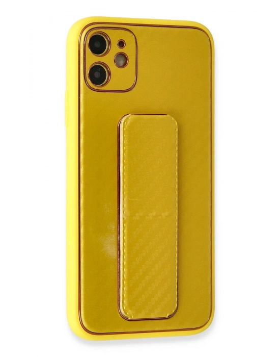 Newface iPhone 12 Kılıf Coco Karbon Standlı Kapak - Sarı