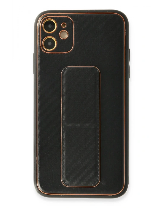 Newface iPhone 12 Kılıf Coco Karbon Standlı Kapak - Siyah