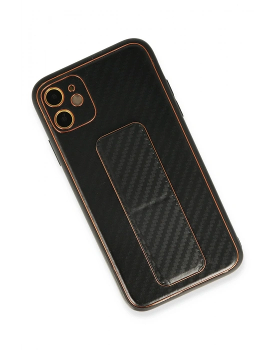 Newface iPhone 12 Kılıf Coco Karbon Standlı Kapak - Siyah