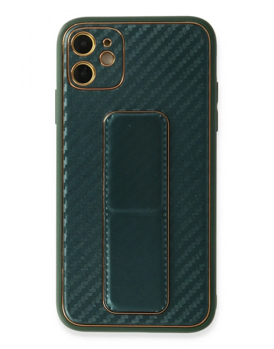 Newface iPhone 12 Kılıf Coco Karbon Standlı Kapak - Yeşil