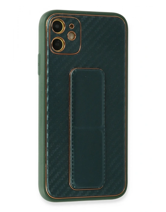 Newface iPhone 12 Kılıf Coco Karbon Standlı Kapak - Yeşil