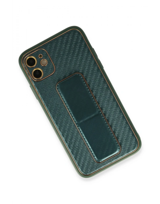 Newface iPhone 12 Kılıf Coco Karbon Standlı Kapak - Yeşil