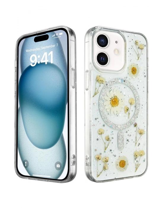 Newface iPhone 12 Kılıf Daisy Simli Magsafe Kapak - Gümüş