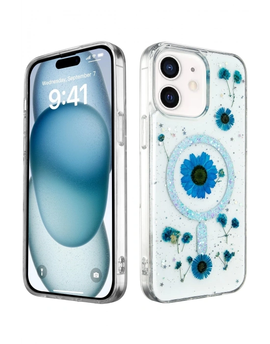 Newface iPhone 12 Kılıf Daisy Simli Magsafe Kapak - Mavi