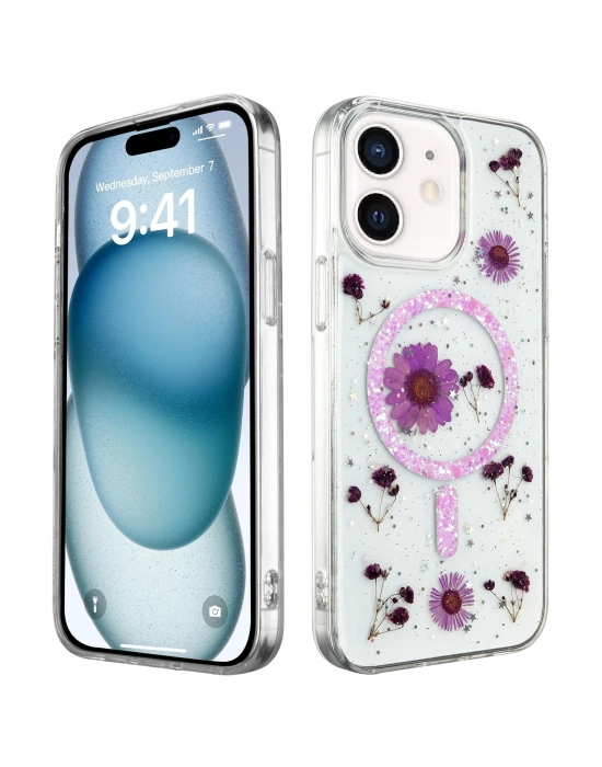 Newface iPhone 12 Kılıf Daisy Simli Magsafe Kapak - Mor