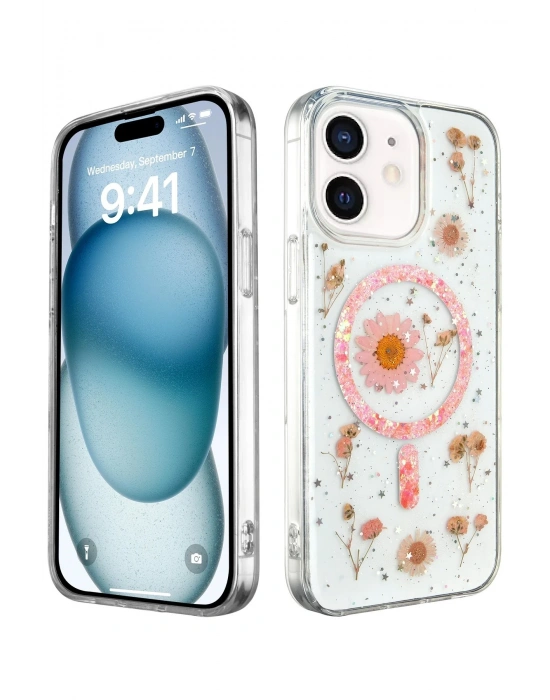 Newface iPhone 12 Kılıf Daisy Simli Magsafe Kapak - Pembe