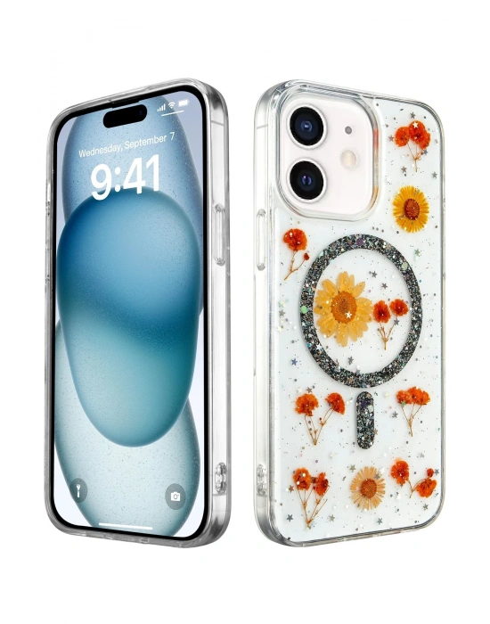 Newface iPhone 12 Kılıf Daisy Simli Magsafe Kapak - Siyah