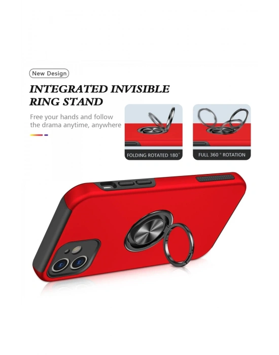 Newface iPhone 12 Kılıf Elit Yüzüklü Kapak - Kırmızı