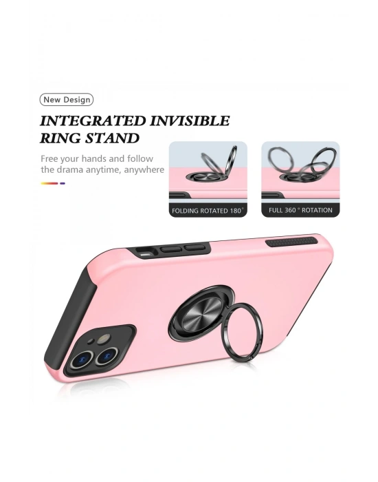Newface iPhone 12 Kılıf Elit Yüzüklü Kapak - Pembe