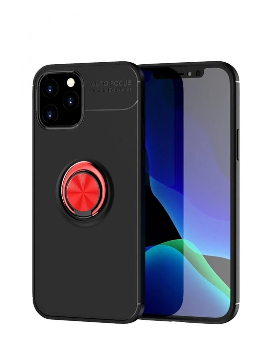 Newface iPhone 12 Kılıf Range Yüzüklü Silikon - Siyah-Kırmızı