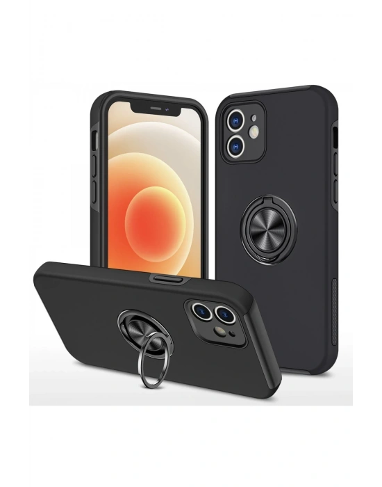 Newface iPhone 12 Mini Kılıf Elit Yüzüklü Kapak - Siyah