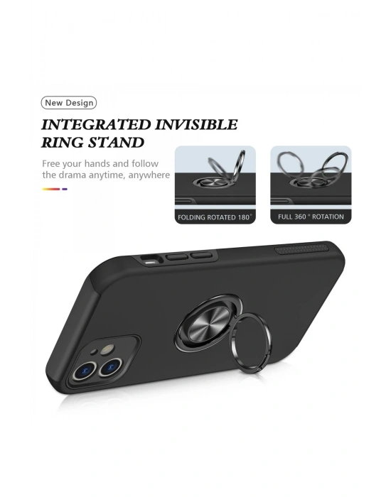 Newface iPhone 12 Mini Kılıf Elit Yüzüklü Kapak - Siyah