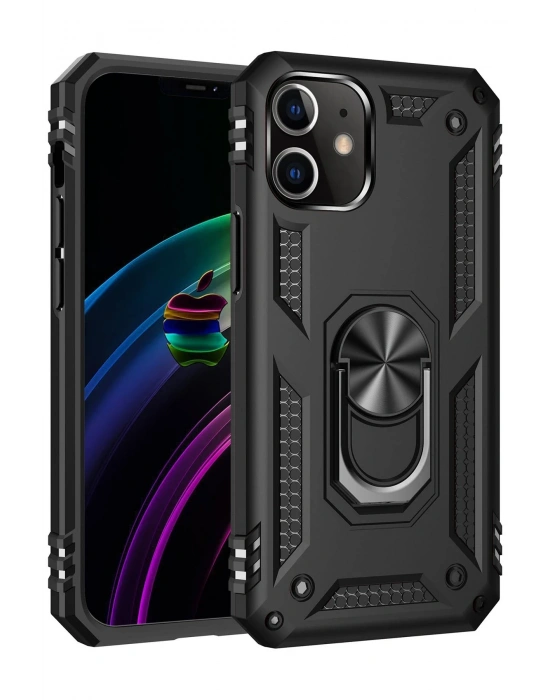 Newface iPhone 12 Mini Kılıf Sofya Yüzüklü Silikon Kapak - Siyah