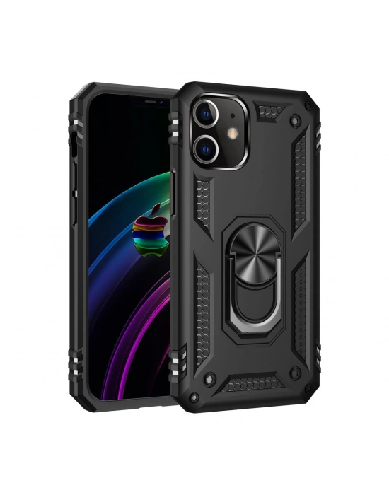 Newface iPhone 12 Mini Kılıf Sofya Yüzüklü Silikon Kapak - Siyah