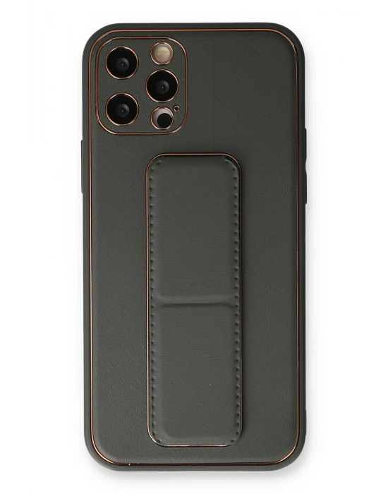 Newface iPhone 12 Pro Kılıf Coco Deri Standlı Kapak - Füme