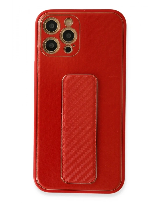 Newface iPhone 12 Pro Kılıf Coco Karbon Standlı Kapak - Kırmızı