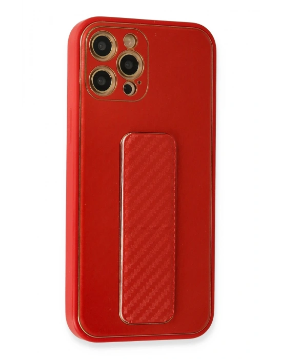 Newface iPhone 12 Pro Kılıf Coco Karbon Standlı Kapak - Kırmızı