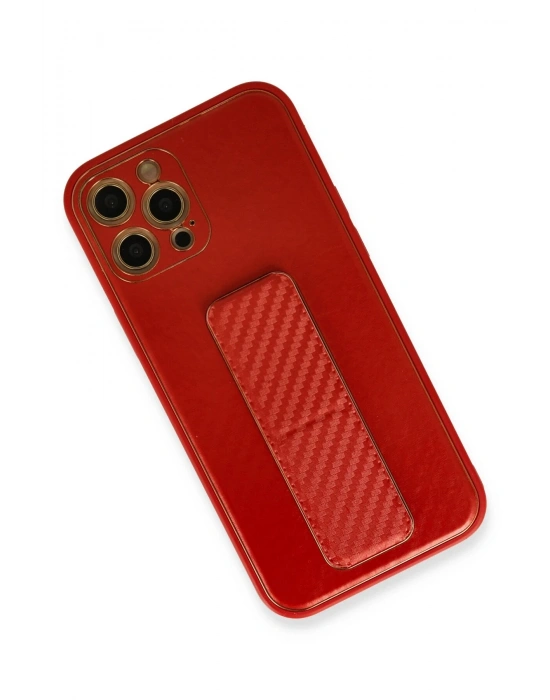Newface iPhone 12 Pro Kılıf Coco Karbon Standlı Kapak - Kırmızı