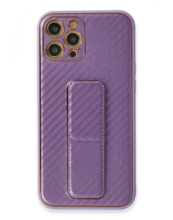 Newface iPhone 12 Pro Kılıf Coco Karbon Standlı Kapak - Mor