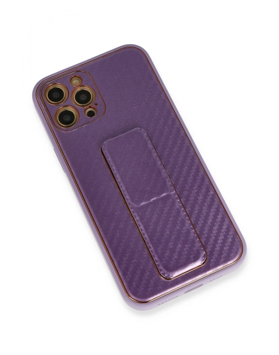 Newface iPhone 12 Pro Kılıf Coco Karbon Standlı Kapak - Mor