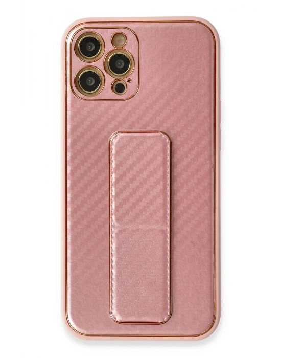 Newface iPhone 12 Pro Kılıf Coco Karbon Standlı Kapak - Pembe