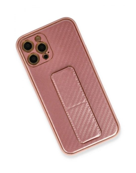 Newface iPhone 12 Pro Kılıf Coco Karbon Standlı Kapak - Pembe