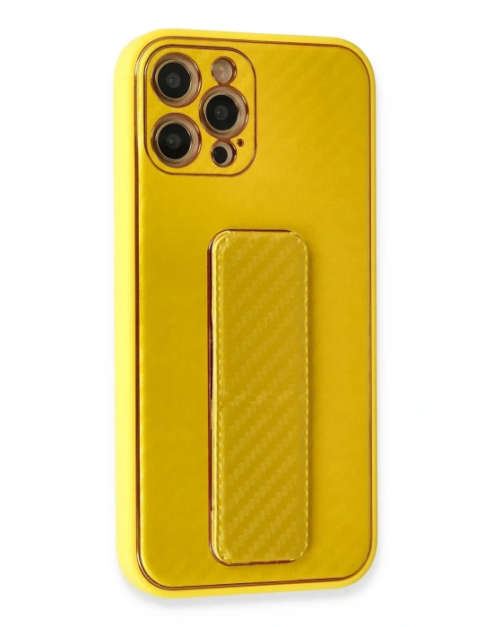Newface iPhone 12 Pro Kılıf Coco Karbon Standlı Kapak - Sarı