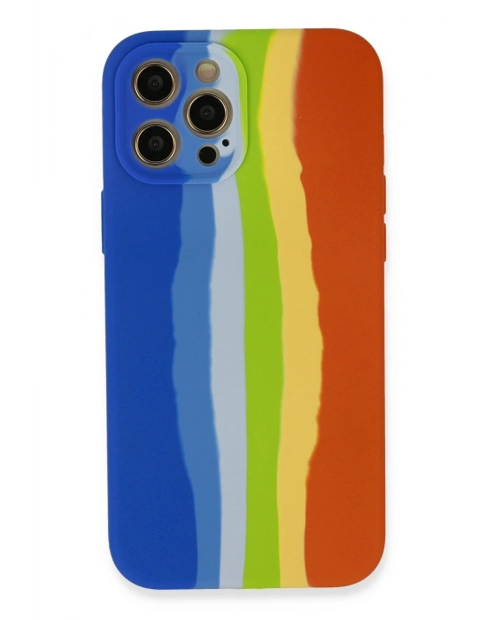 Newface iPhone 12 Pro Kılıf Ebruli Lansman Silikon - Mavi-Turuncu