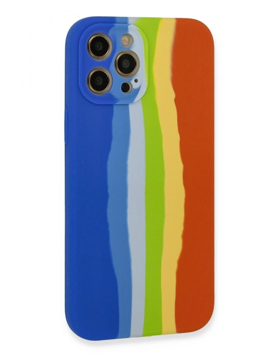 Newface iPhone 12 Pro Kılıf Ebruli Lansman Silikon - Mavi-Turuncu