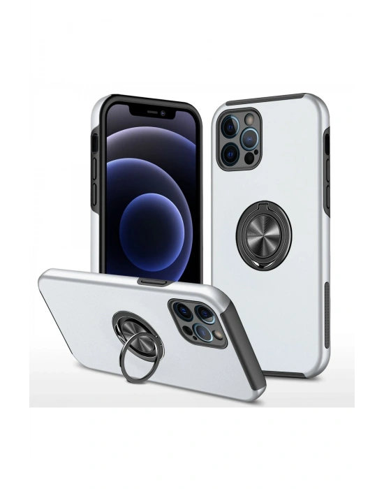 Newface iPhone 12 Pro Kılıf Elit Yüzüklü Kapak - Gümüş