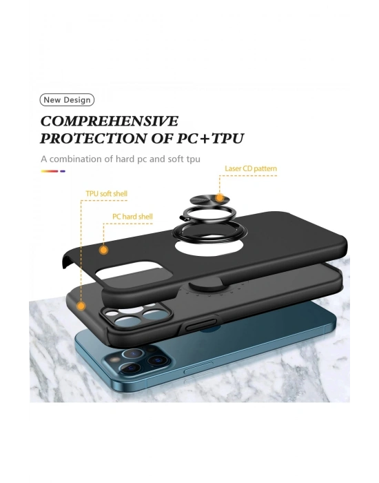 Newface iPhone 12 Pro Kılıf Elit Yüzüklü Kapak - Siyah