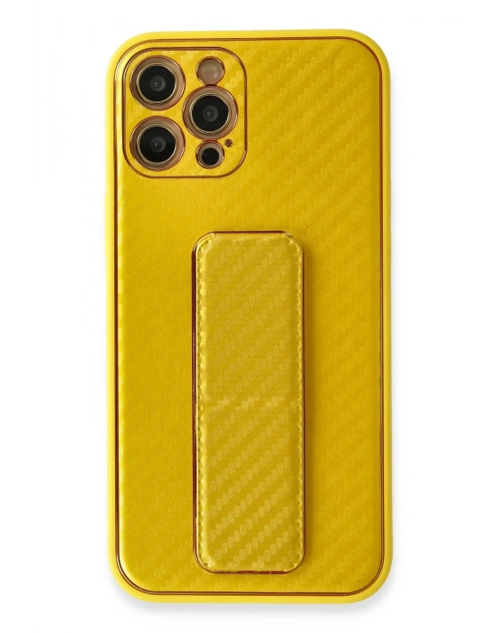 Newface iPhone 12 Pro Max Kılıf Coco Karbon Standlı Kapak - Sarı