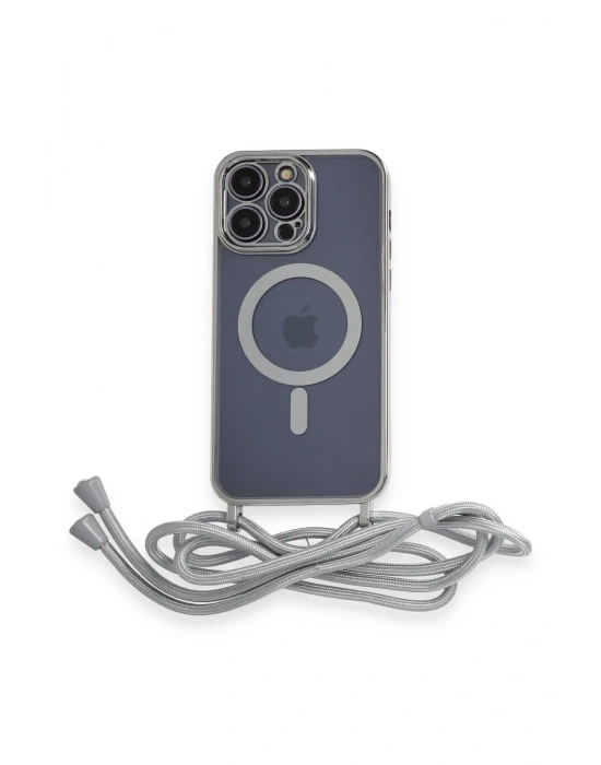 Newface iPhone 12 Pro Max Kılıf Divo Lazer Askılı Magsafe Kapak - Gümüş