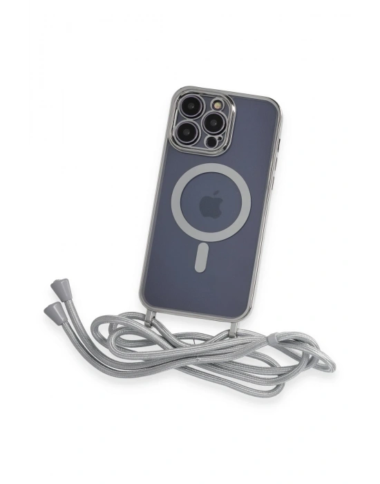 Newface iPhone 12 Pro Max Kılıf Divo Lazer Askılı Magsafe Kapak - Gümüş